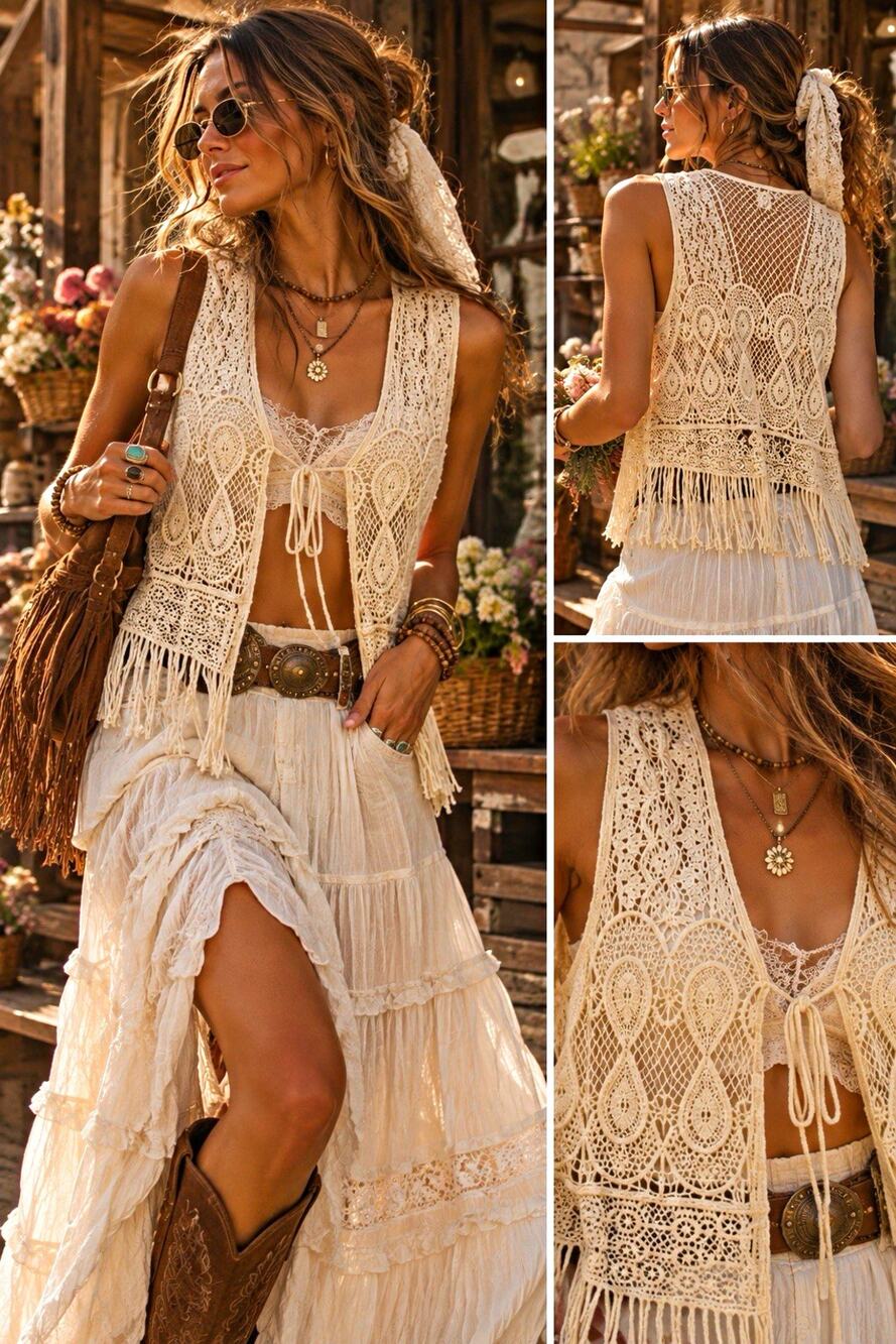 Say What? Women’s Beige 100% Cotton Crochet Fringe Bohemian Cottagecore Vest L